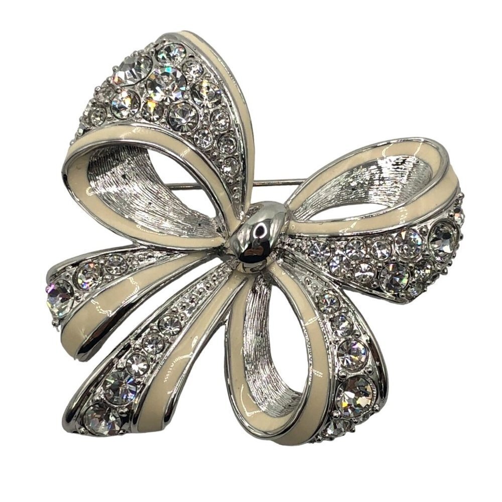 Nolan Miller Bow Pin Brooch Rhinestone Enamel‎ Silver Tone